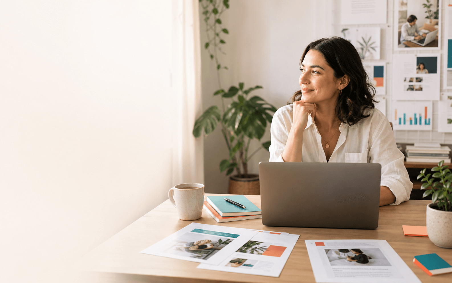 Creator workspace with newsletter pages, laptop, and growth planning materials